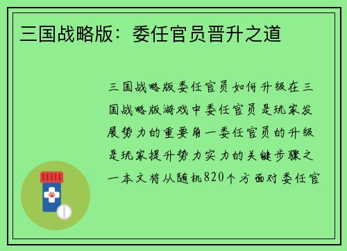 三国战略版：委任官员晋升之道