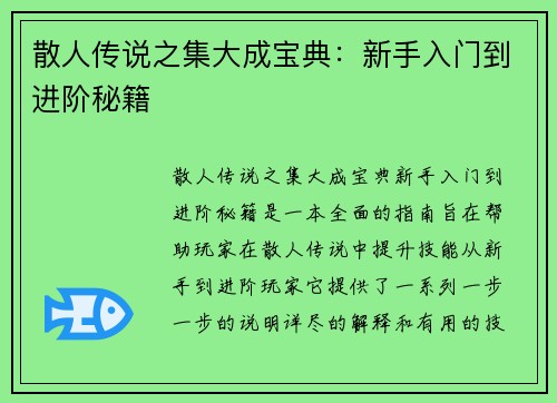 散人传说之集大成宝典：新手入门到进阶秘籍